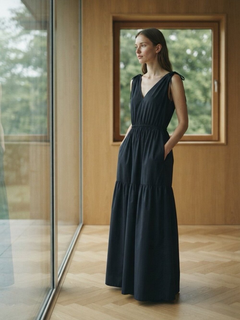 NWT Calvin Klein Black Maxi Dress Sleeveless Tie Shoulder Stretch Size 8